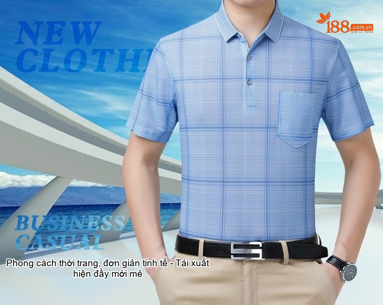 Áo Thun Polo Nam Sợi Tằm Lụa Họa Tiết Kẻ Sọc Cộc Tay Phong Cách Trung Niên Màu Xanh Dương, Tím chi tiết 1