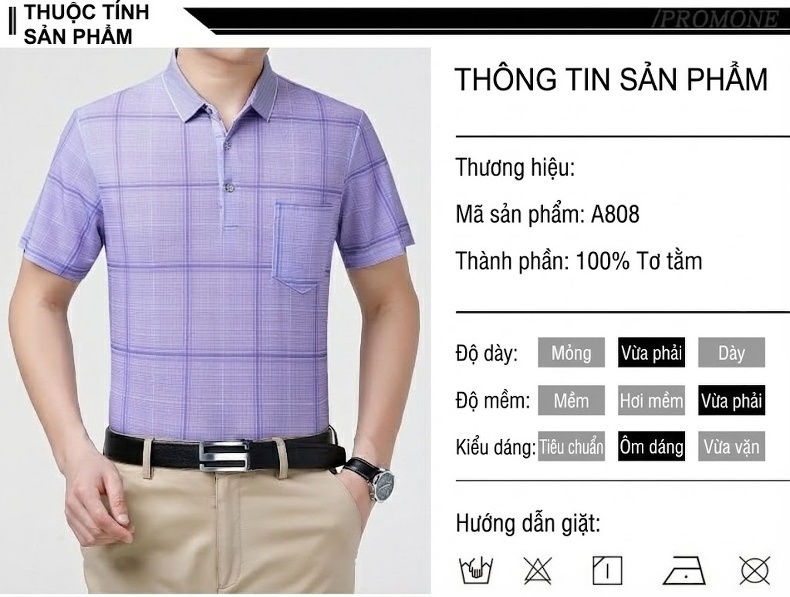 Áo Thun Polo Nam Sợi Tằm Lụa Họa Tiết Kẻ Sọc Cộc Tay Phong Cách Trung Niên Màu Xanh Dương, Tím chi tiết 6