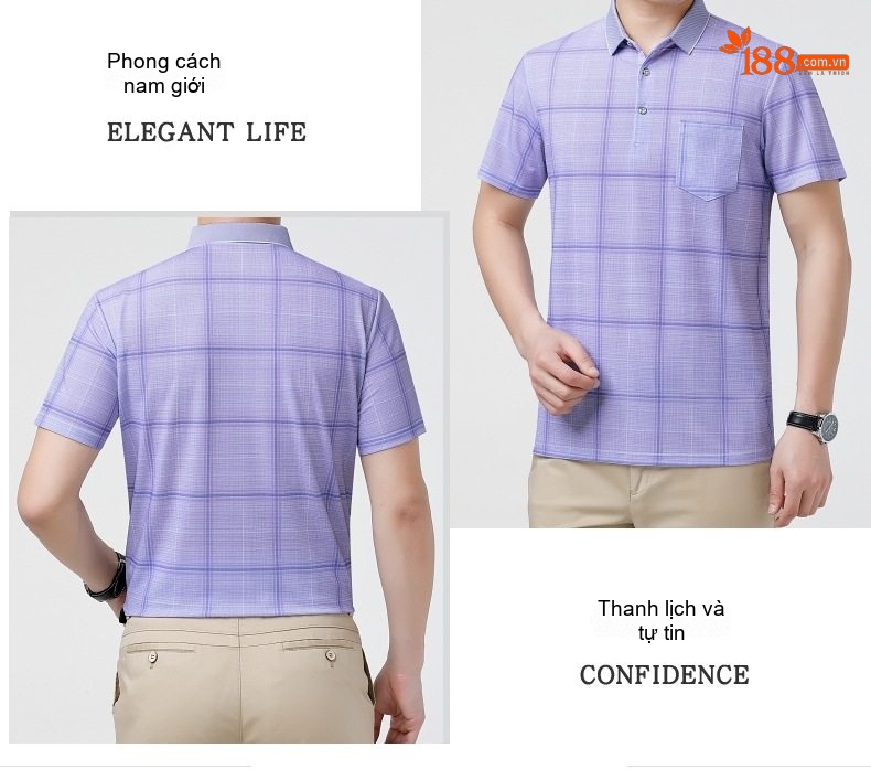 Áo Thun Polo Nam Sợi Tằm Lụa Họa Tiết Kẻ Sọc Cộc Tay Phong Cách Trung Niên Màu Xanh Dương, Tím chi tiết 11