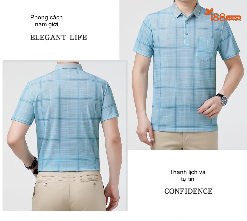 Áo Thun Polo Nam Sợi Tằm Lụa Họa Tiết Kẻ Sọc Cộc Tay Phong Cách Trung Niên Màu Xanh Dương, Tím chi tiết 15