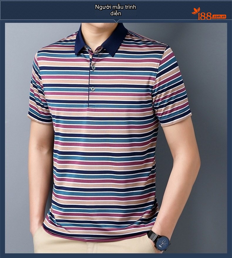 Áo Thun Polo Nam Tay Ngắn Sọc Ngang Cổ Bẻ Chất Liệu Cotton Màu Xanh, Xám, Nâu, Đỏ... chi tiết 5