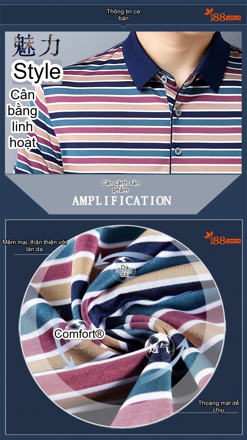 Áo Thun Polo Nam Tay Ngắn Sọc Ngang Cổ Bẻ Chất Liệu Cotton Màu Xanh, Xám, Nâu, Đỏ... chi tiết 2
