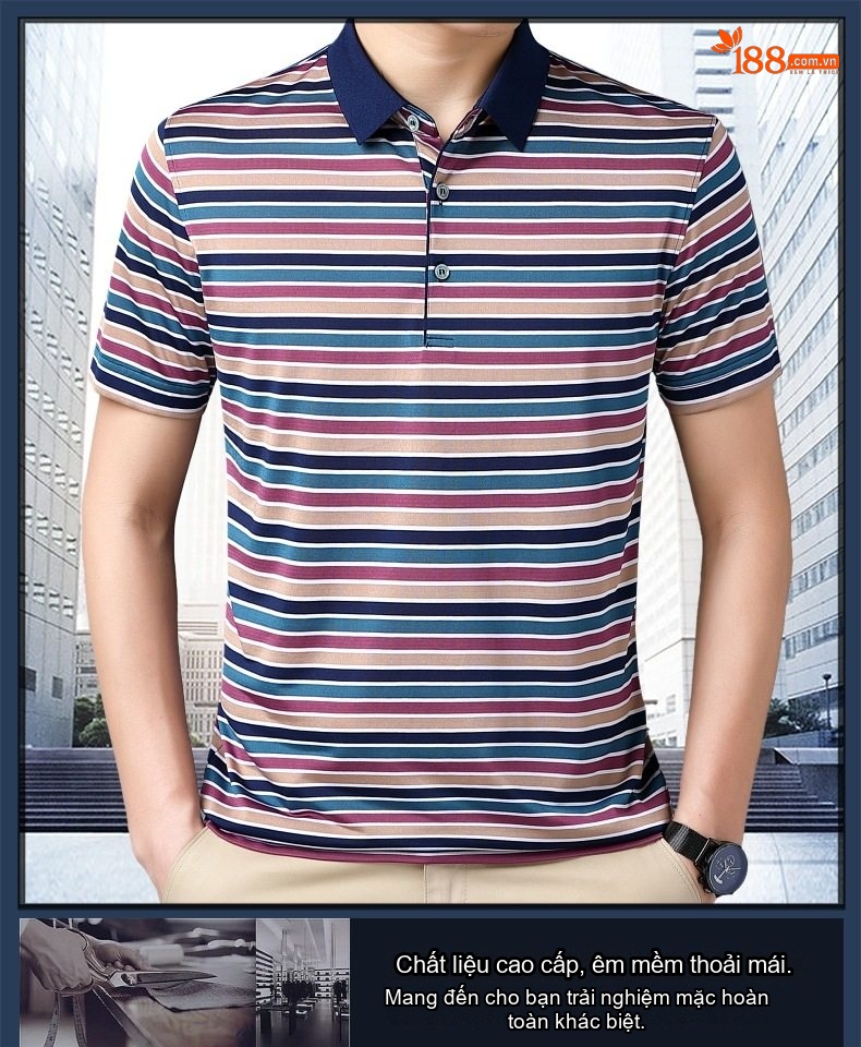 Áo Thun Polo Nam Tay Ngắn Sọc Ngang Cổ Bẻ Chất Liệu Cotton Màu Xanh, Xám, Nâu, Đỏ... chi tiết 1