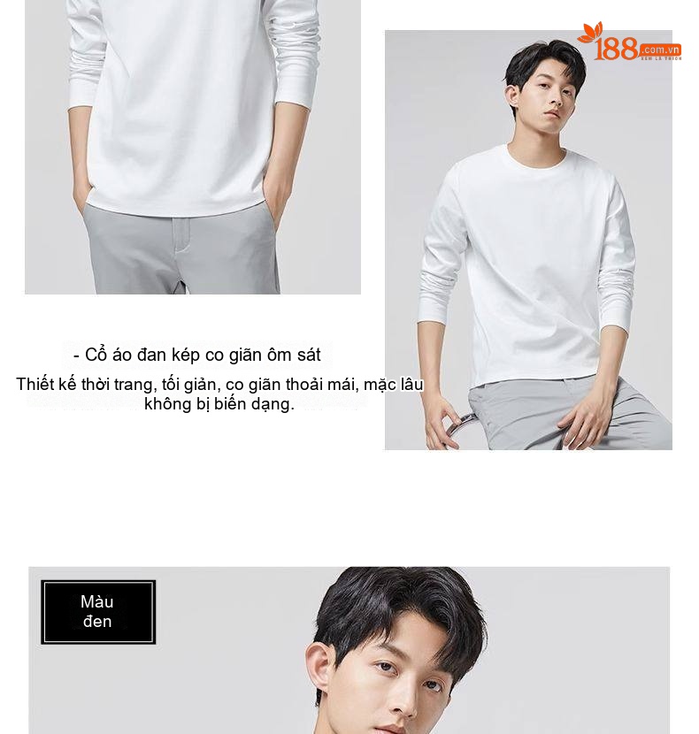 Áo Thun Tay Dài Nam Cotton Tơ Gân Mỏng Màu Trắng, Xám, Đen, Nâu chi tiết 16