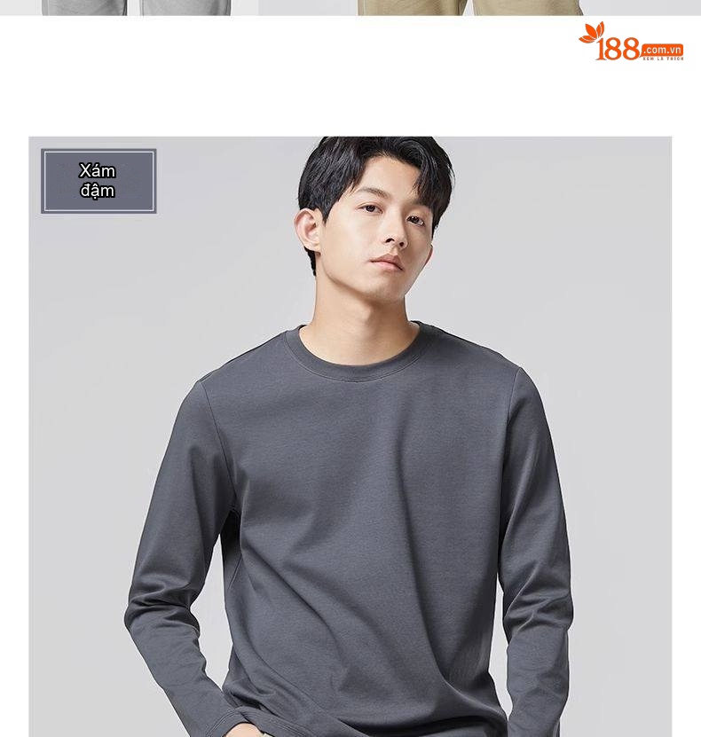 Áo Thun Tay Dài Nam Cotton Tơ Gân Mỏng Màu Trắng, Xám, Đen, Nâu chi tiết 19
