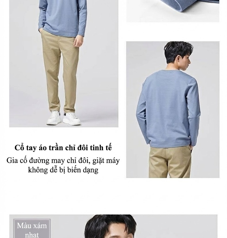 Áo Thun Tay Dài Nam Cotton Tơ Gân Mỏng Màu Trắng, Xám, Đen, Nâu chi tiết 23