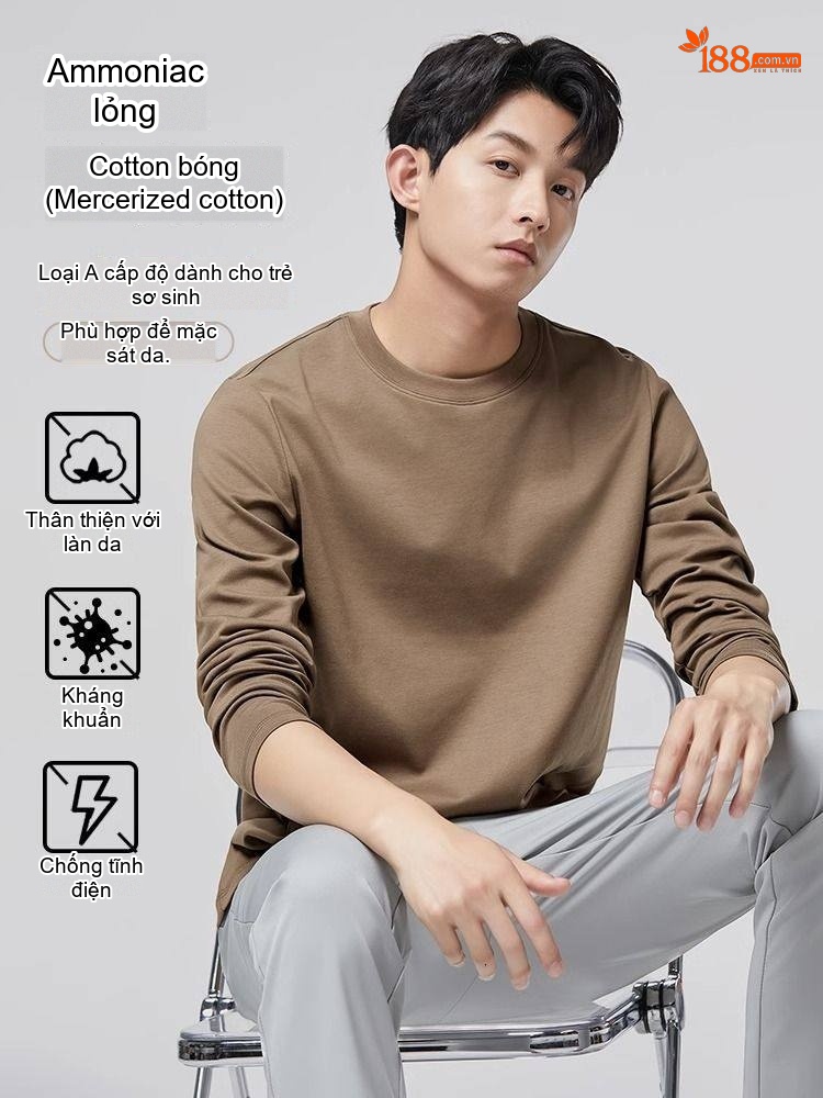 Áo Thun Tay Dài Nam Cotton Tơ Gân Mỏng Màu Trắng, Xám, Đen, Nâu