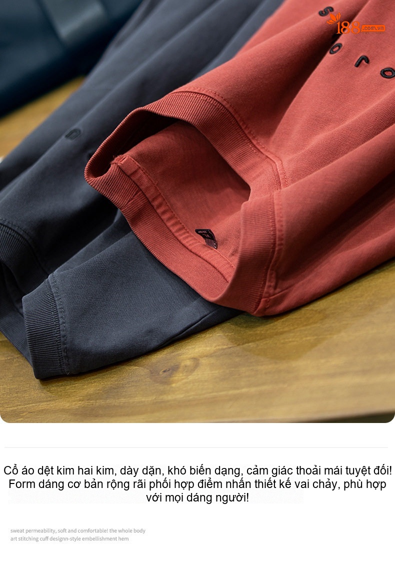 Áo Thun Tay Ngắn Nam Cotton 260g Thêu Chữ In Hình Form Rộng Màu Đỏ Gạch, Xám chi tiết 6