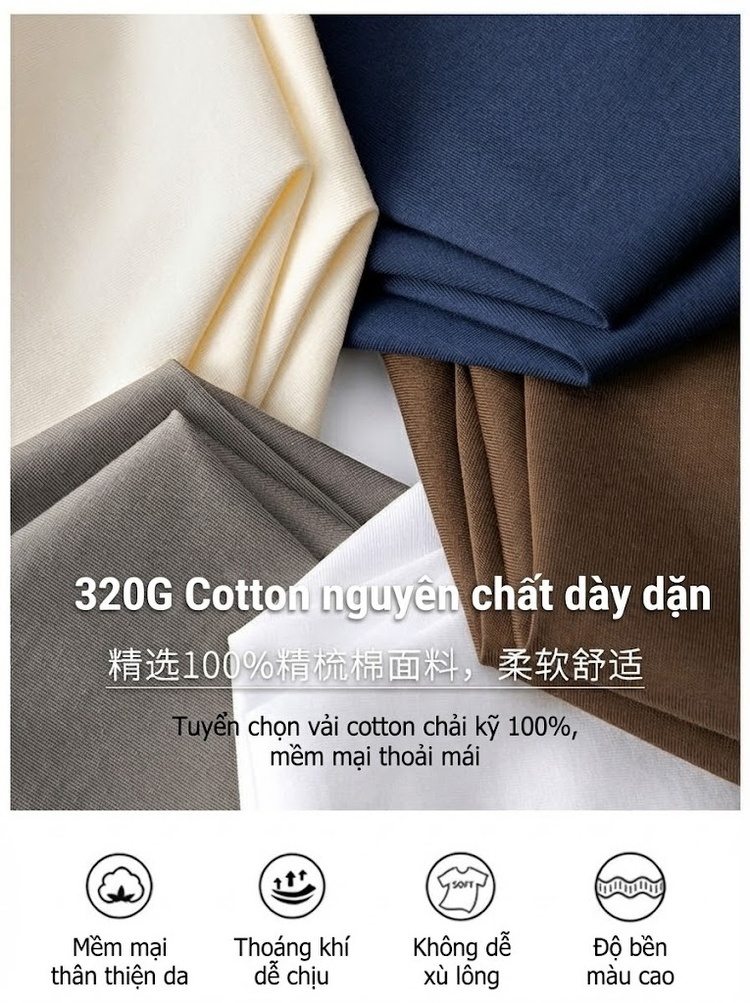 Áo Thun Tay Ngắn Nam Cotton 320G Cổ Tròn Basic Màu Xám, Xanh Navy, Nâu, Trắng...