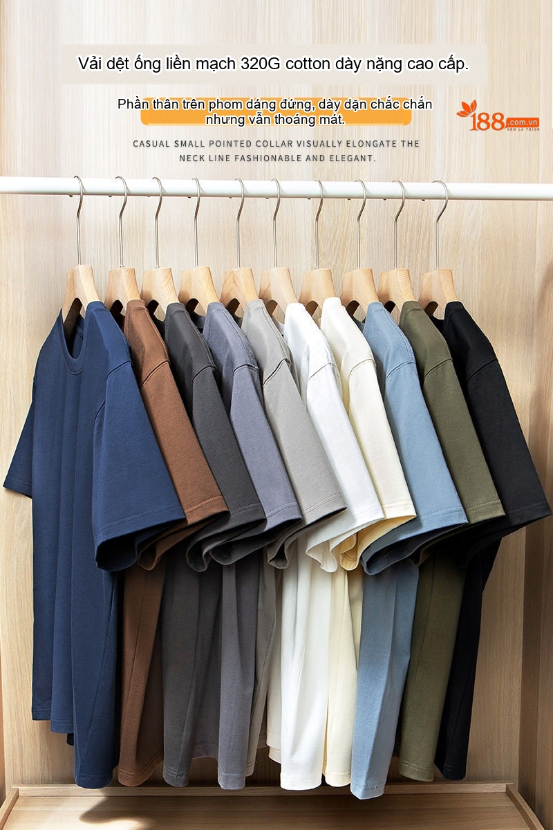 Áo Thun Tay Ngắn Nam Cotton 320G Cổ Tròn Basic Màu Xám, Xanh Navy, Nâu, Trắng...