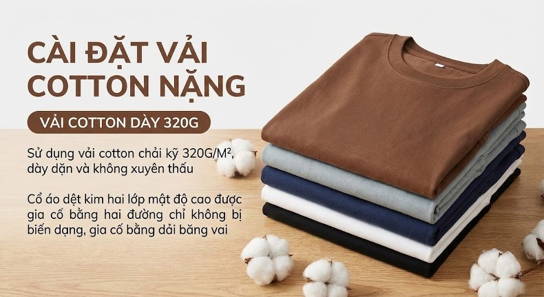 Áo Thun Tay Ngắn Nam Cotton 320G Cổ Tròn Basic Màu Xám, Xanh Navy, Nâu, Trắng... chi tiết 1