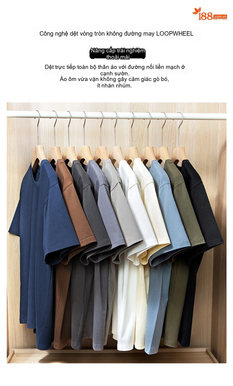 Áo Thun Tay Ngắn Nam Cotton 320G Cổ Tròn Basic Màu Xám, Xanh Navy, Nâu, Trắng... chi tiết 3
