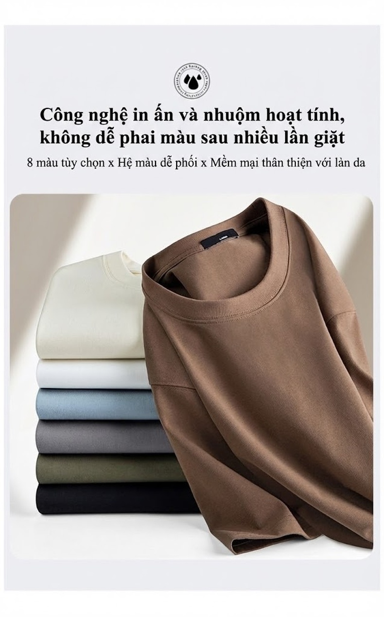 Áo Thun Tay Ngắn Nam Cotton 320G Cổ Tròn Basic Màu Xám, Xanh Navy, Nâu, Trắng... chi tiết 5