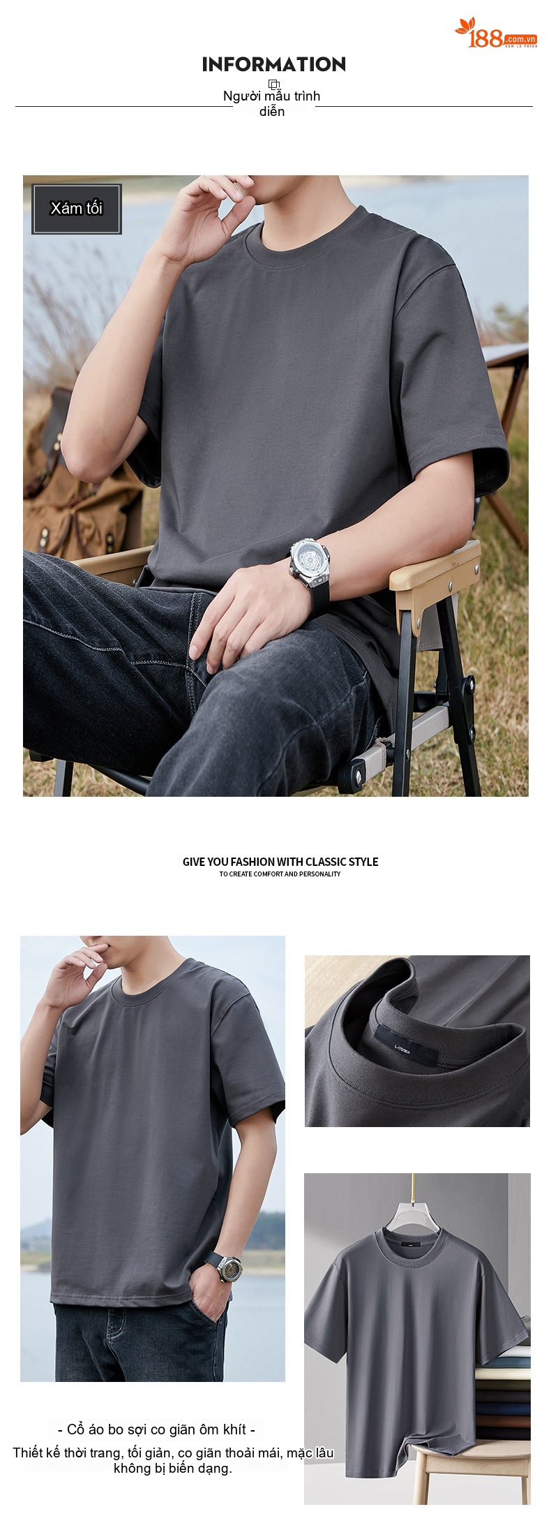 Áo Thun Tay Ngắn Nam Cotton 320G Cổ Tròn Basic Màu Xám, Xanh Navy, Nâu, Trắng... chi tiết 8