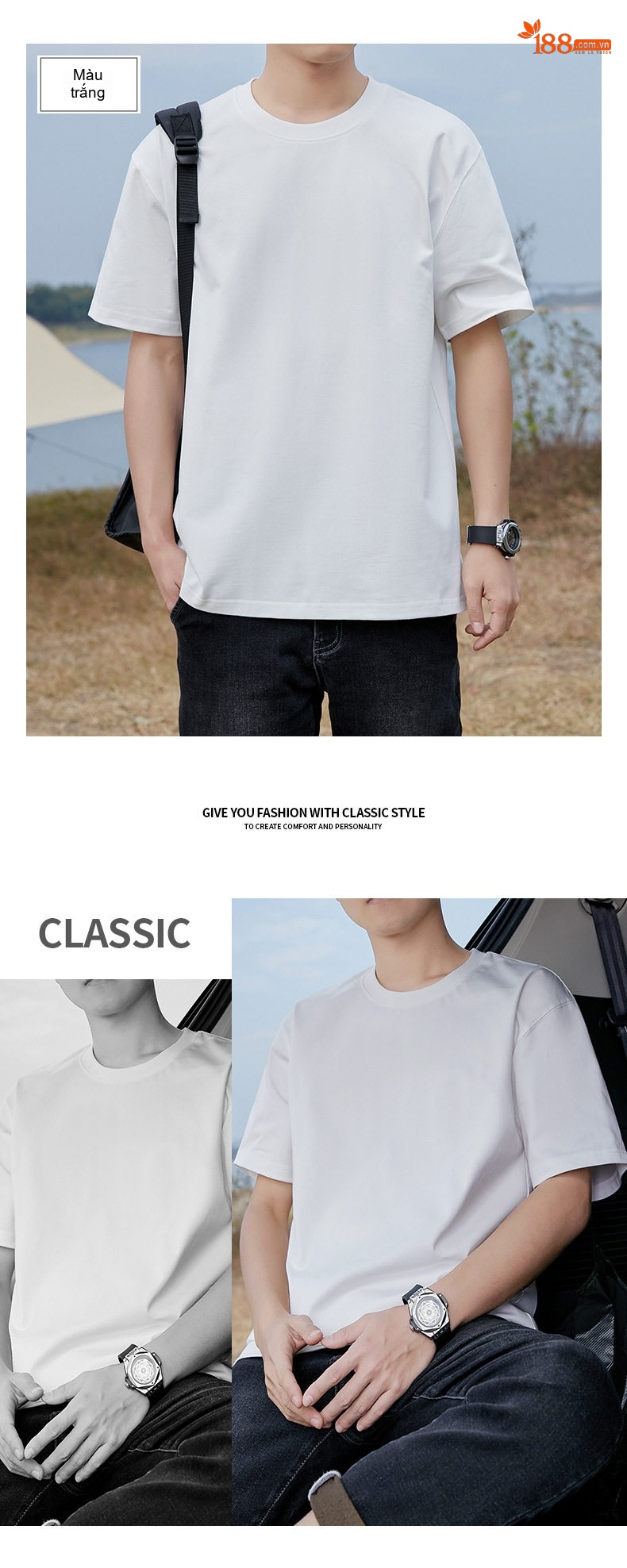 Áo Thun Tay Ngắn Nam Cotton 320G Cổ Tròn Basic Màu Xám, Xanh Navy, Nâu, Trắng... chi tiết 10