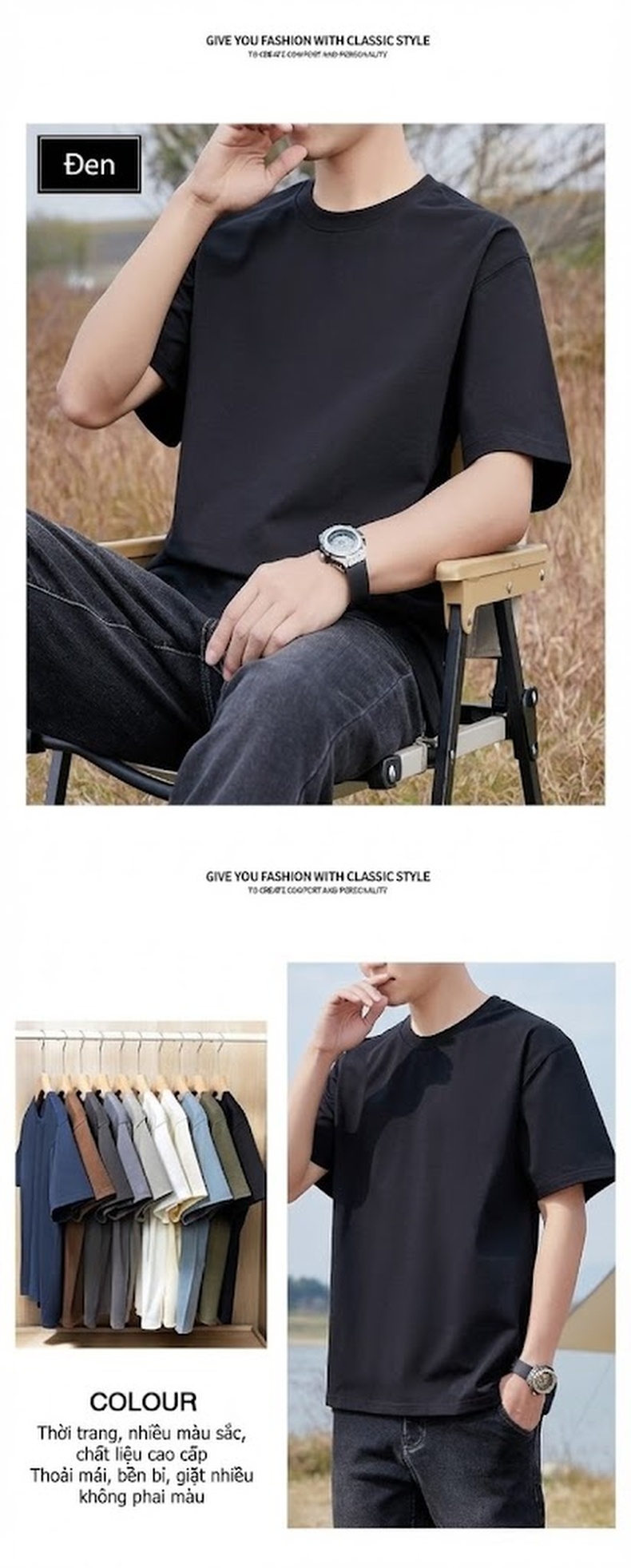 Áo Thun Tay Ngắn Nam Cotton 320G Cổ Tròn Basic Màu Xám, Xanh Navy, Nâu, Trắng... chi tiết 11