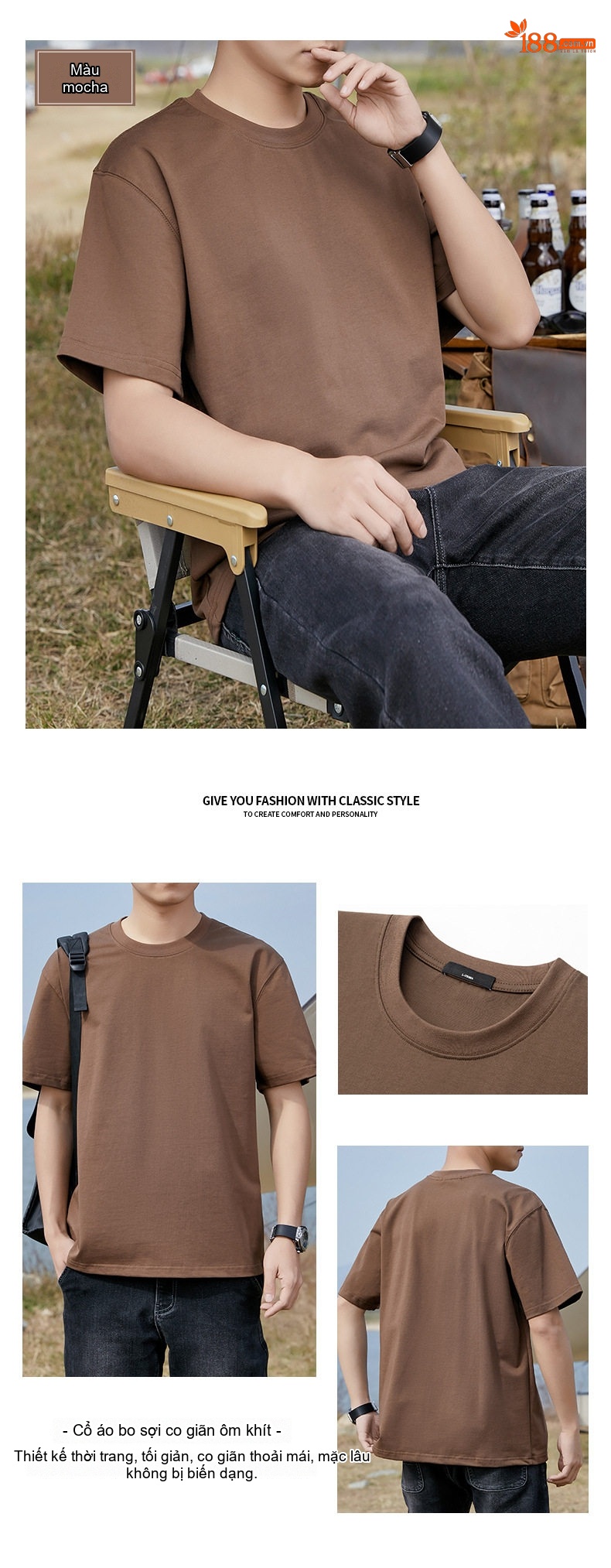 Áo Thun Tay Ngắn Nam Cotton 320G Cổ Tròn Basic Màu Xám, Xanh Navy, Nâu, Trắng... chi tiết 13