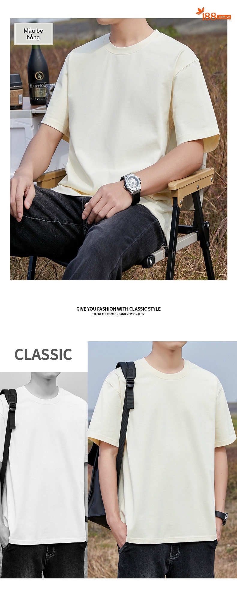 Áo Thun Tay Ngắn Nam Cotton 320G Cổ Tròn Basic Màu Xám, Xanh Navy, Nâu, Trắng... chi tiết 14