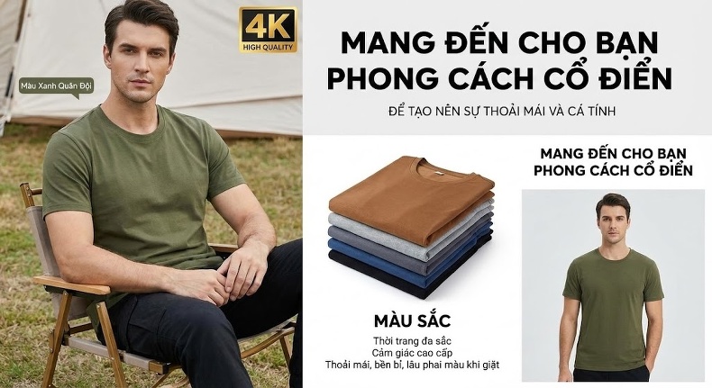 Áo Thun Tay Ngắn Nam Cotton 320G Cổ Tròn Basic Màu Xám, Xanh Navy, Nâu, Trắng... chi tiết 15