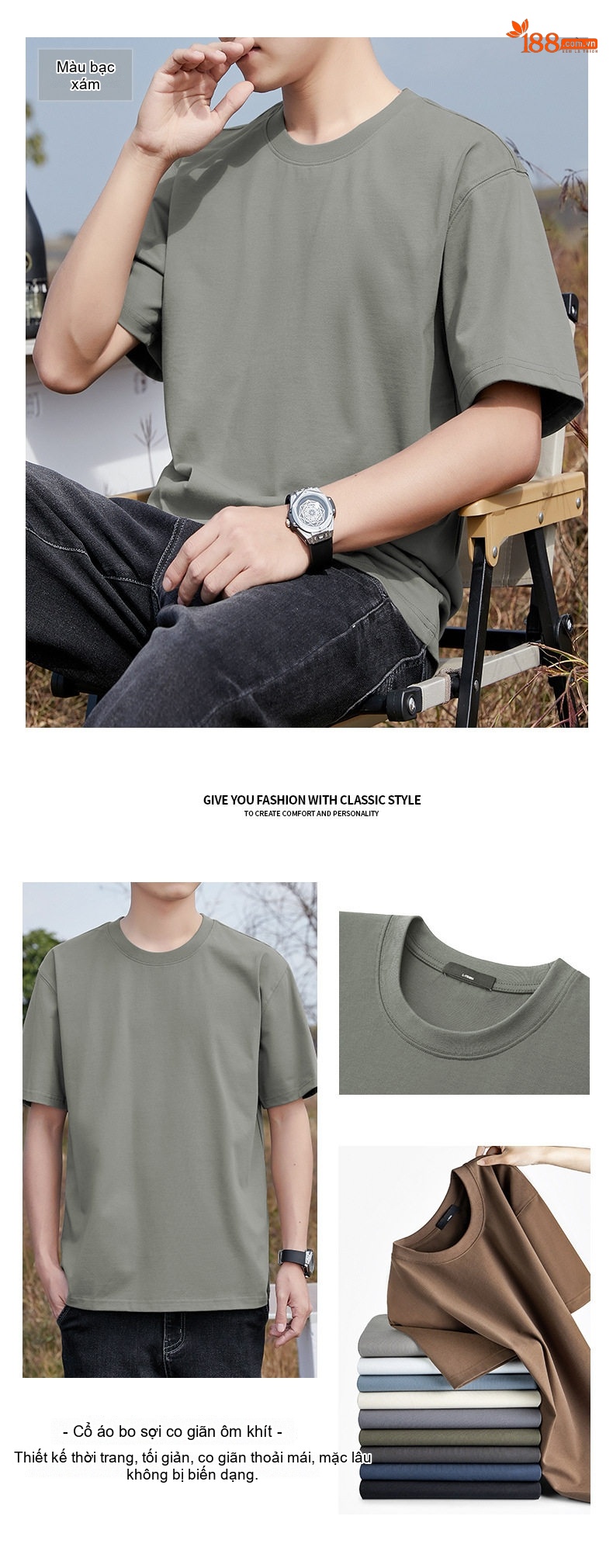Áo Thun Tay Ngắn Nam Cotton 320G Cổ Tròn Basic Màu Xám, Xanh Navy, Nâu, Trắng... chi tiết 16