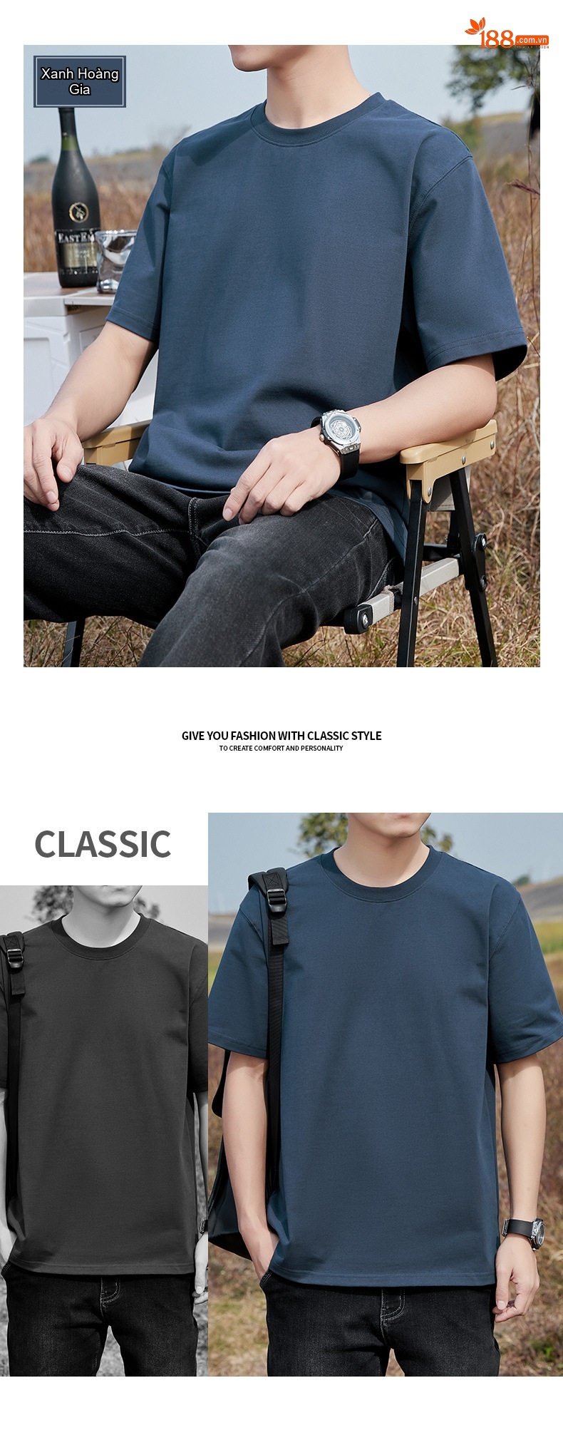 Áo Thun Tay Ngắn Nam Cotton 320G Cổ Tròn Basic Màu Xám, Xanh Navy, Nâu, Trắng... chi tiết 17