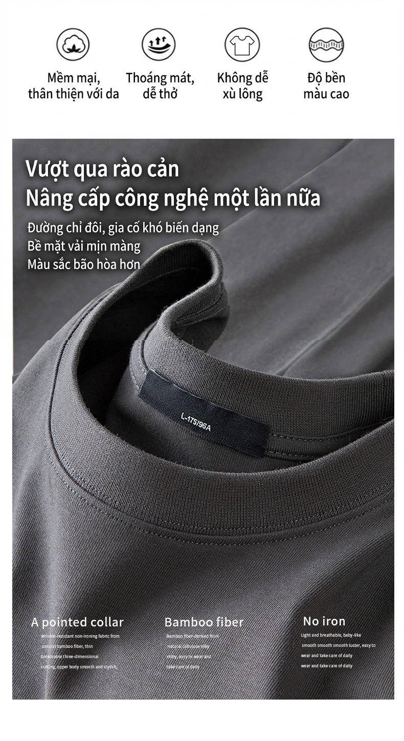 Áo Thun Tay Ngắn Nam Cotton 320G Cổ Tròn Basic Màu Xám, Xanh Navy, Nâu, Trắng... chi tiết 2
