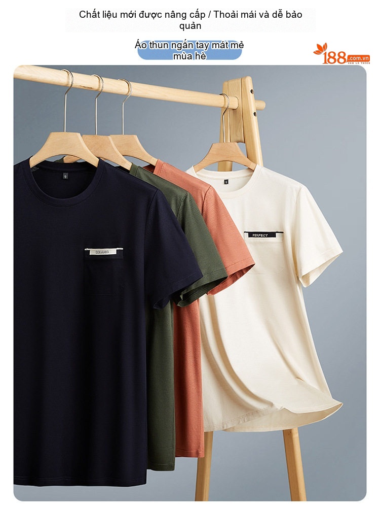 Áo Thun Tay Ngắn Nam Cotton Cổ Tròn Form Rộng Size Lớn Màu Nâu, Kem, Xanh, Đen... chi tiết 3