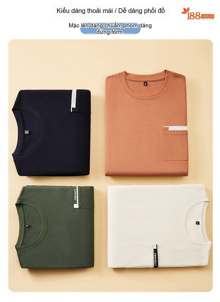 Áo Thun Tay Ngắn Nam Cotton Cổ Tròn Form Rộng Size Lớn Màu Nâu, Kem, Xanh, Đen... chi tiết 4