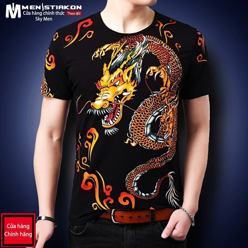 Áo Thun Tay Ngắn Nam Cotton In Hình Rồng Phong Cách Trung Hoa Màu Đen