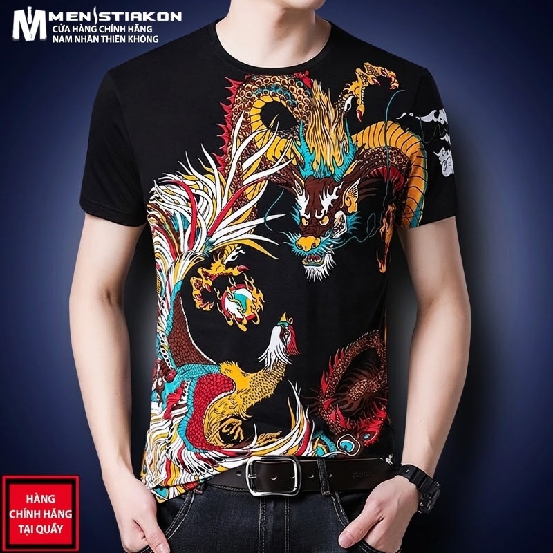 Áo Thun Tay Ngắn Nam Cotton In Hình Rồng Phong Cách Trung Hoa Màu Đen