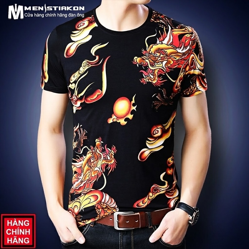 Áo Thun Tay Ngắn Nam Cotton In Hình Rồng Phong Cách Trung Hoa Màu Đen