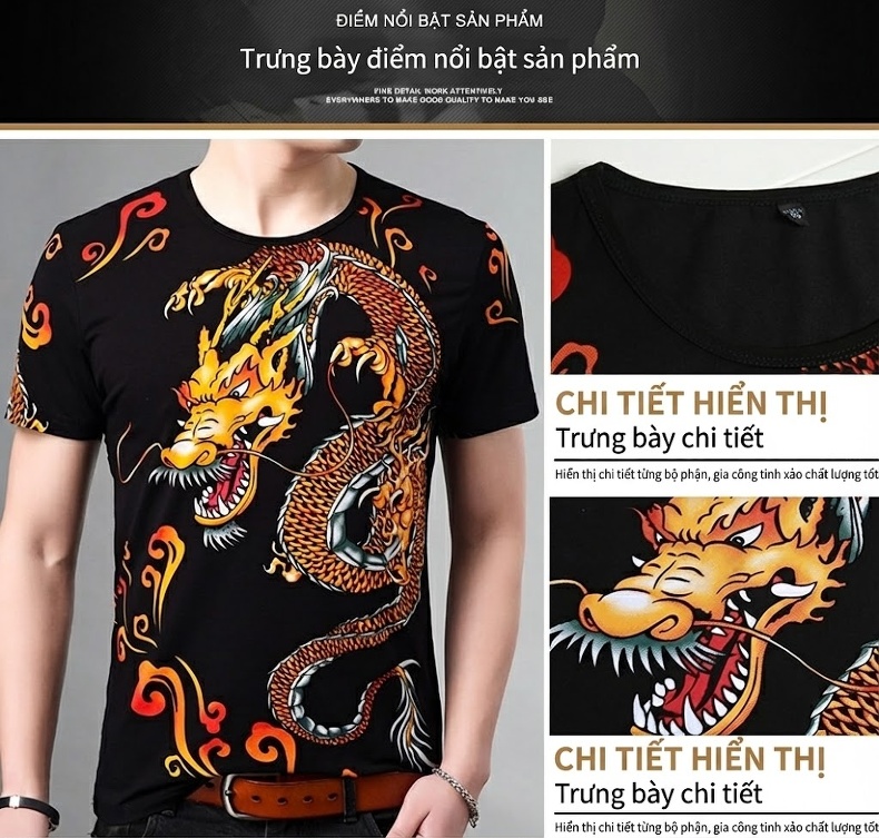 Áo Thun Tay Ngắn Nam Cotton In Hình Rồng Phong Cách Trung Hoa Màu Đen chi tiết 3