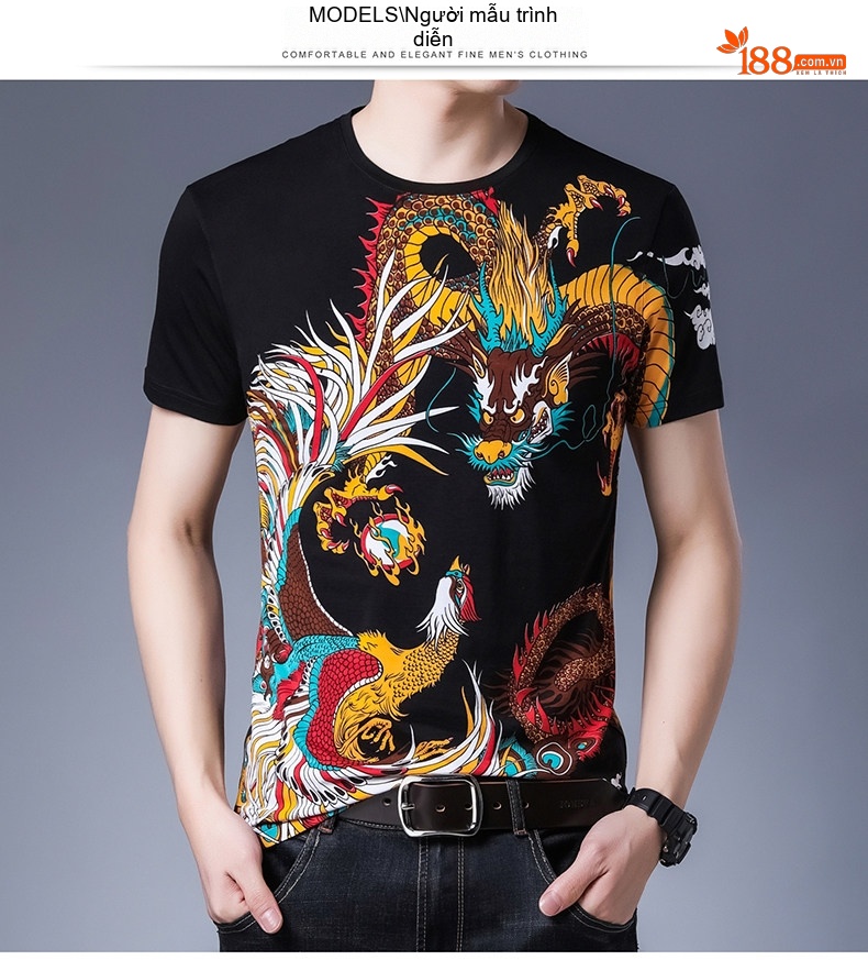 Áo Thun Tay Ngắn Nam Cotton In Hình Rồng Phong Cách Trung Hoa Màu Đen chi tiết 9