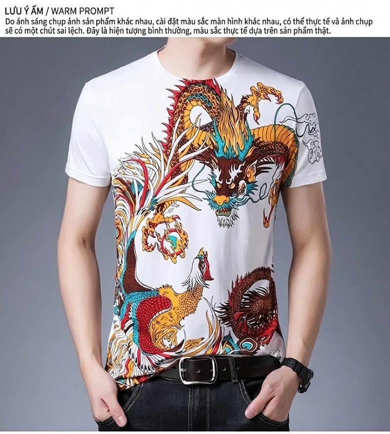 Áo Thun Tay Ngắn Nam Cotton In Hình Rồng Phong Cách Trung Hoa Màu Đen chi tiết 12