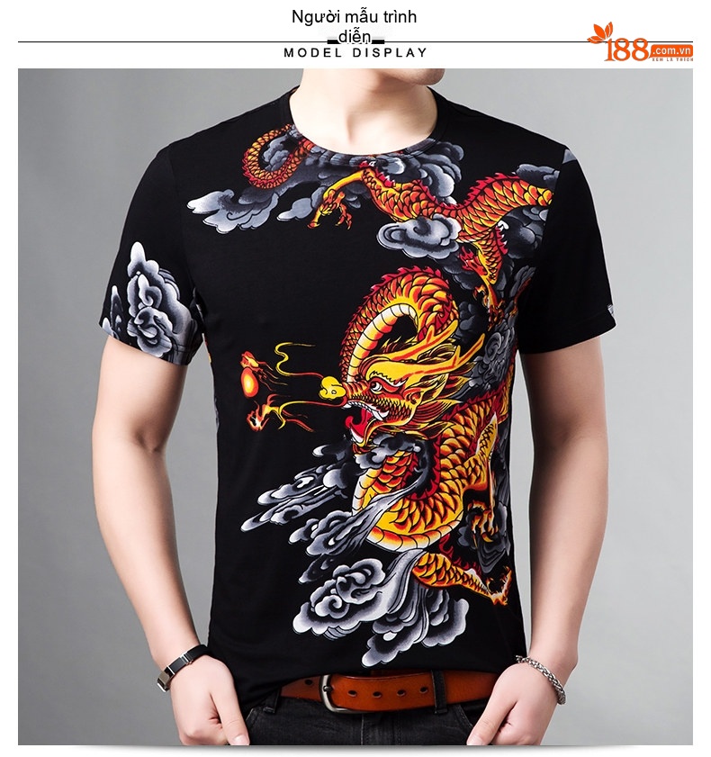 Áo Thun Tay Ngắn Nam Cotton In Hình Rồng Phong Cách Trung Hoa Màu Đen chi tiết 27