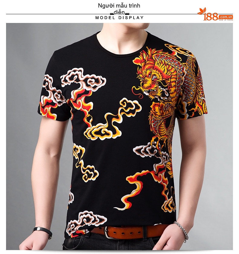 Áo Thun Tay Ngắn Nam Cotton In Hình Rồng Phong Cách Trung Hoa Màu Đen chi tiết 30