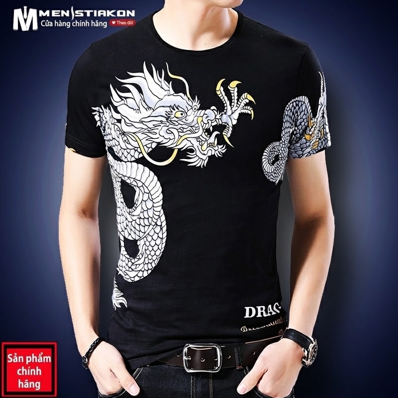 Áo Thun Tay Ngắn Nam Cotton In Hình Rồng Phong Cách Trung Hoa Màu Đen, Trắng, Vàng, Đỏ