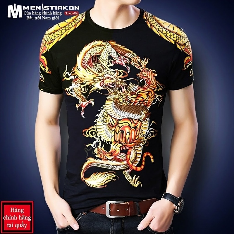 Áo Thun Tay Ngắn Nam Cotton In Hình Rồng Phong Cách Trung Hoa Màu Đen, Trắng, Vàng, Đỏ
