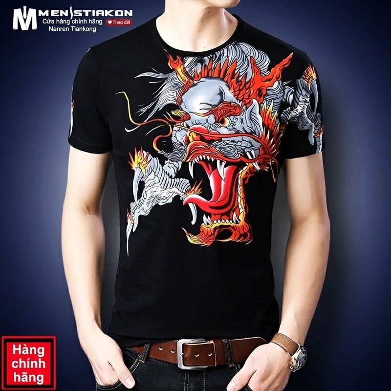 Áo Thun Tay Ngắn Nam Cotton In Hình Rồng Phong Cách Trung Hoa Màu Đen, Trắng, Vàng, Đỏ