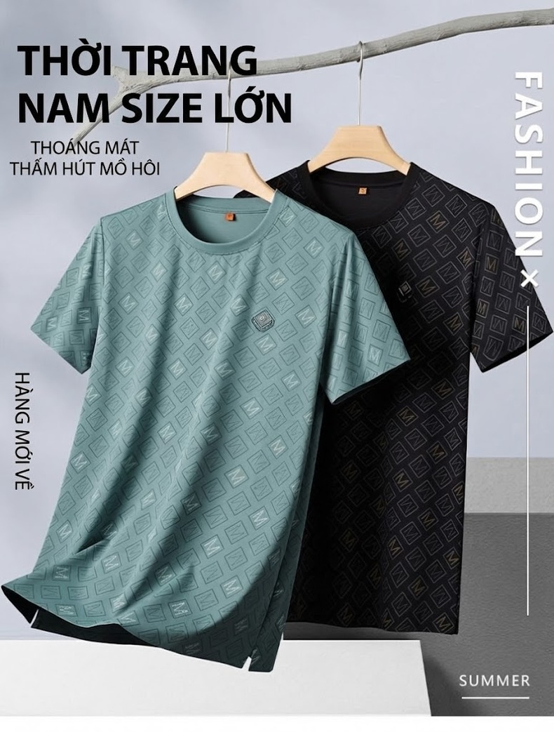 Áo Thun Tay Ngắn Nam Cotton In Họa Tiết Form Rộng Màu Đen, Xanh chi tiết 1