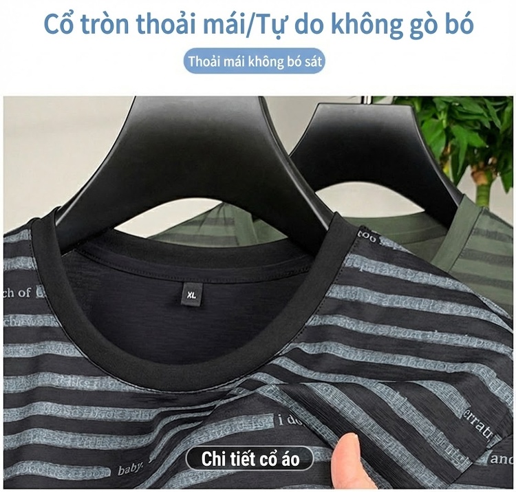 Áo Thun Tay Ngắn Nam Form Rộng Thoáng Khí Họa Tiết Sọc Màu Đen, Xám, Xanh Rêu chi tiết 5
