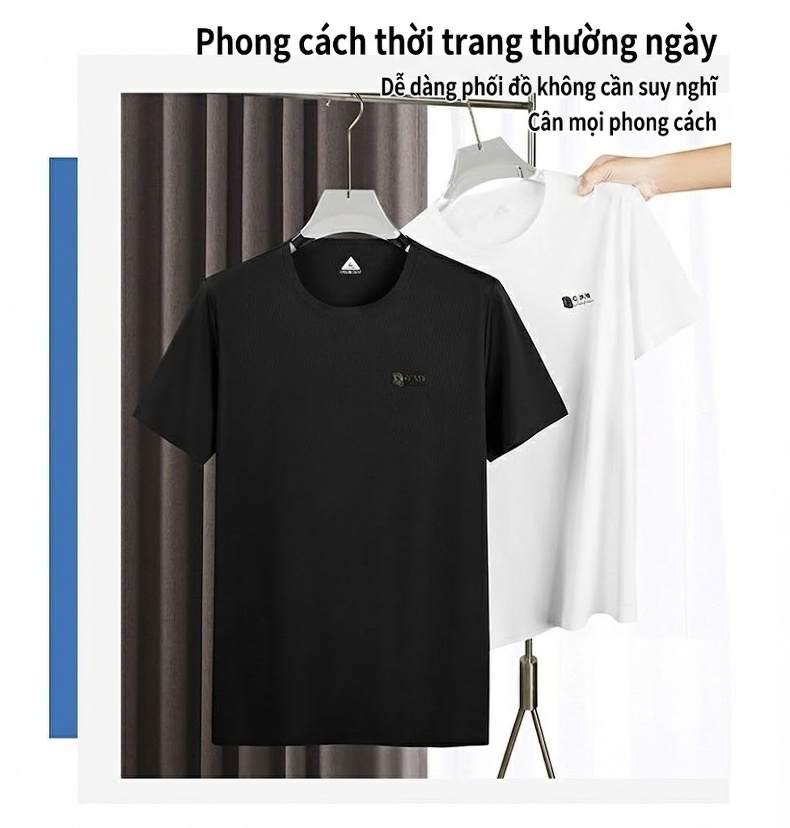 Áo Thun Tay Ngắn Nam Mùa Hè Cổ Tròn Vải Lụa Băng Size Lớn Màu Đen, Trắng chi tiết 9