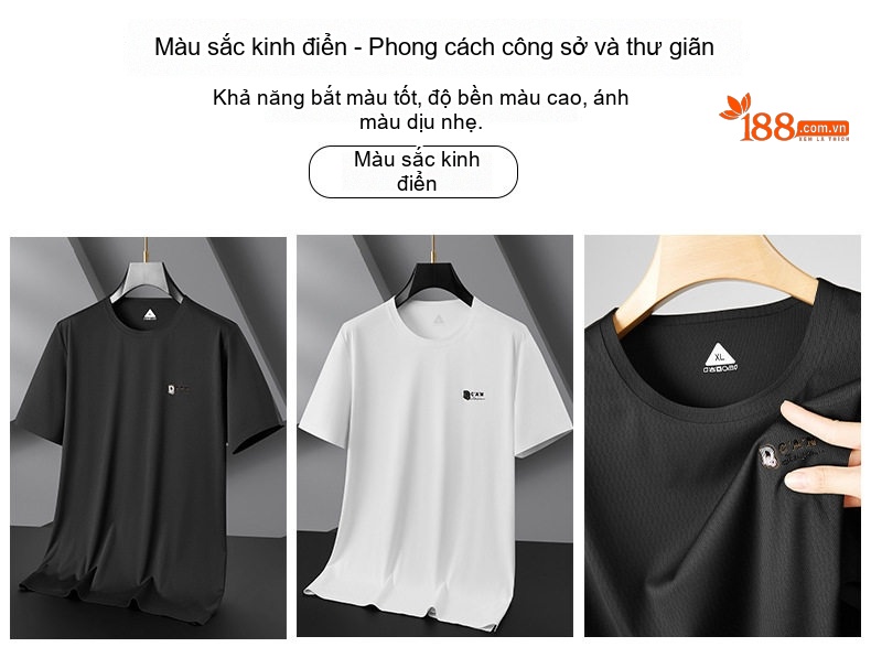 Áo Thun Tay Ngắn Nam Mùa Hè Cổ Tròn Vải Lụa Băng Size Lớn Màu Đen, Trắng chi tiết 15