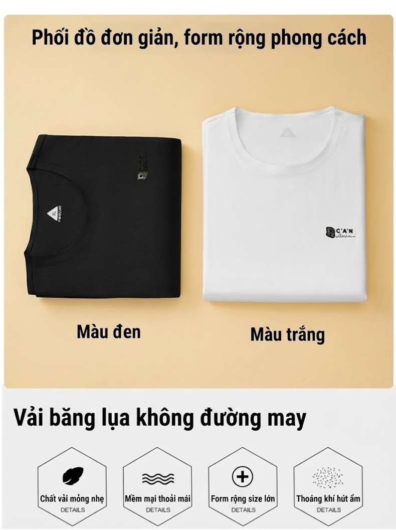 Áo Thun Tay Ngắn Nam Mùa Hè Cổ Tròn Vải Lụa Băng Size Lớn Màu Đen, Trắng chi tiết 3