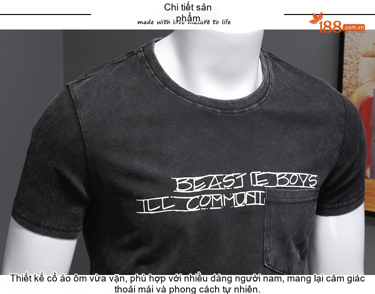 Áo Thun Tay Ngắn Nam Phong Cách Âu Mỹ Cổ Điển Wash Màu Xám Đen chi tiết 10