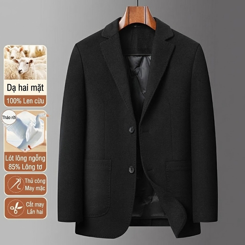 Áo Vest/Áo Khoác Blazer Nam Hai Mặt 100% Lông Cừu Lót Lông Vũ Có Thể Tháo Rời Màu Đen
