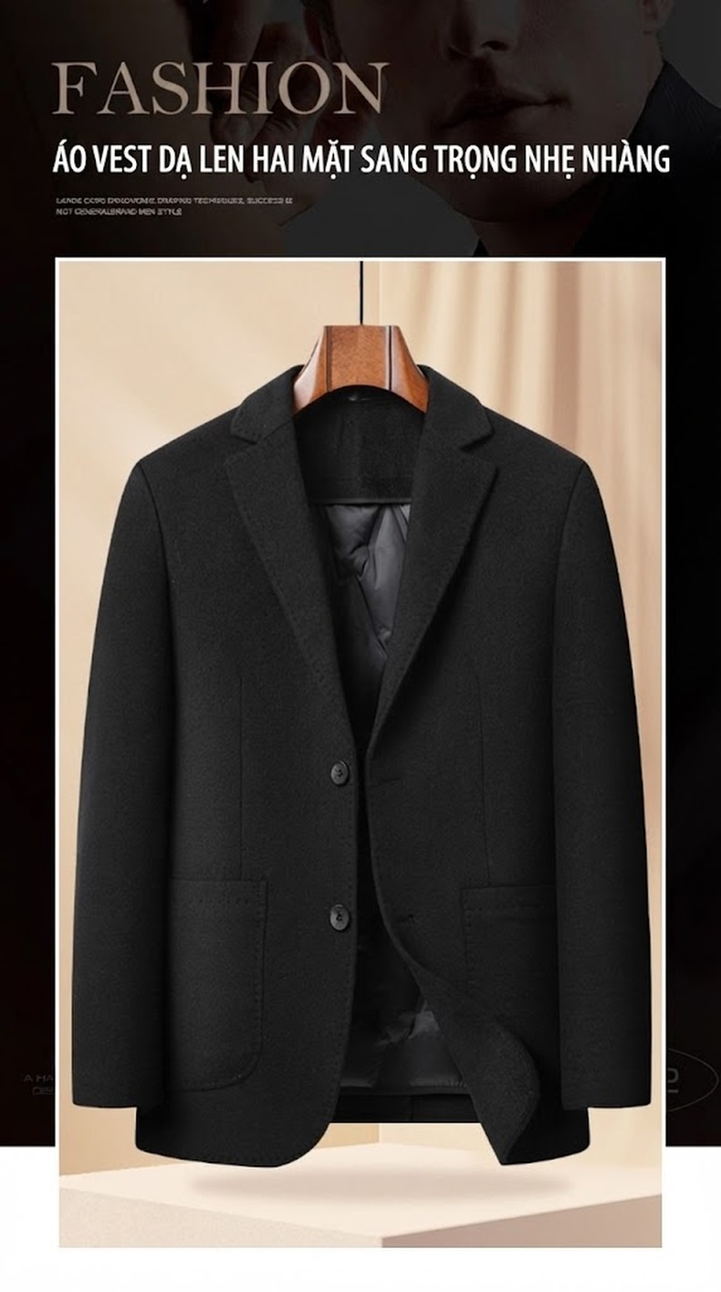 Áo Vest/Áo Khoác Blazer Nam Hai Mặt 100% Lông Cừu Lót Lông Vũ Có Thể Tháo Rời Màu Đen chi tiết 1