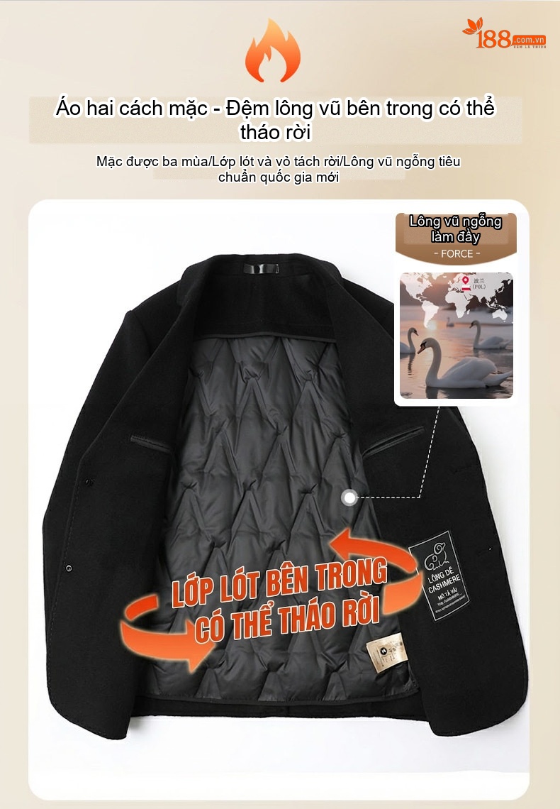 Áo Vest/Áo Khoác Blazer Nam Hai Mặt 100% Lông Cừu Lót Lông Vũ Có Thể Tháo Rời Màu Đen chi tiết 6