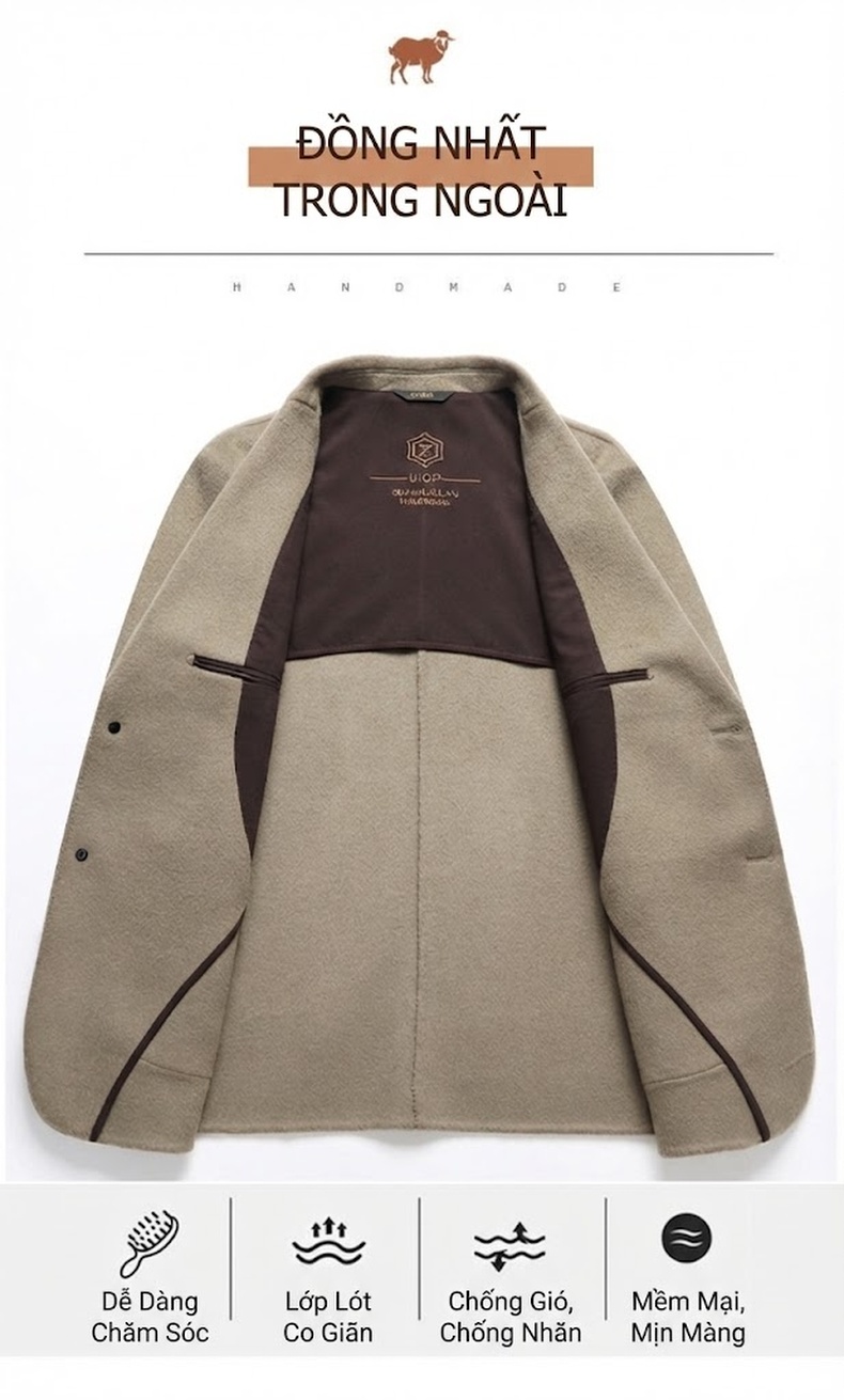 Áo Vest Blazer Nam 100% Lông Cừu Ngắn Tay Dáng Ôm Màu Nâu, Xanh Navy, Đen, Xám chi tiết 8