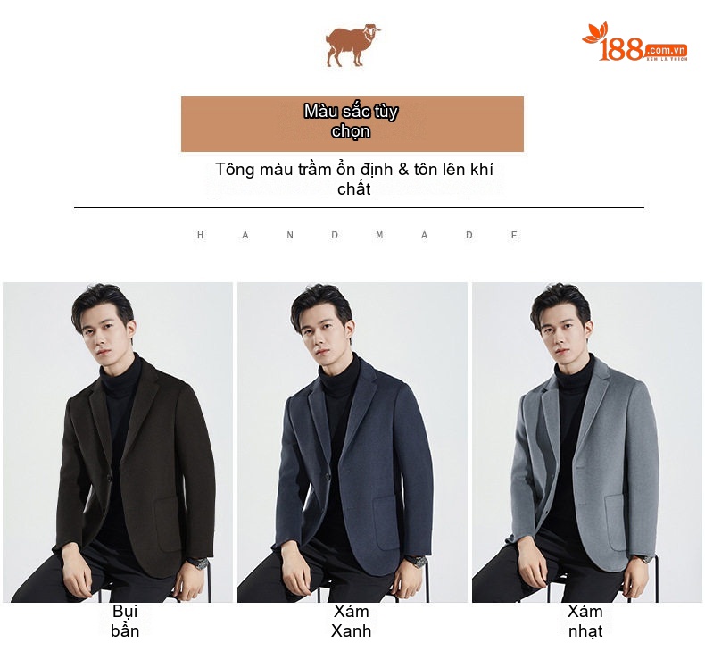 Áo Vest Blazer Nam 100% Lông Cừu Ngắn Tay Dáng Ôm Màu Nâu, Xanh Navy, Đen, Xám chi tiết 10